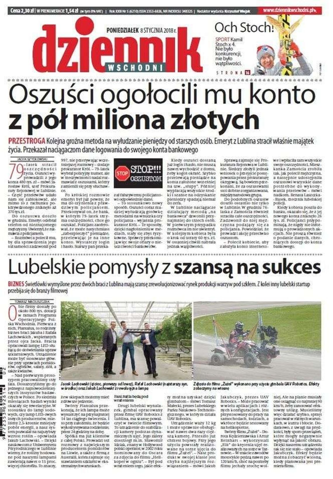 Pierwsza strona Dziennika Wschodniego z 8 stycznia 2018 roku