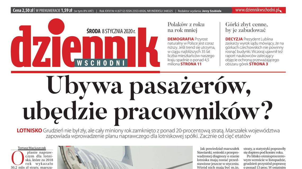 Pierwsza strona Dziennika Wschodniego z 8 stycznia 2020 roku
