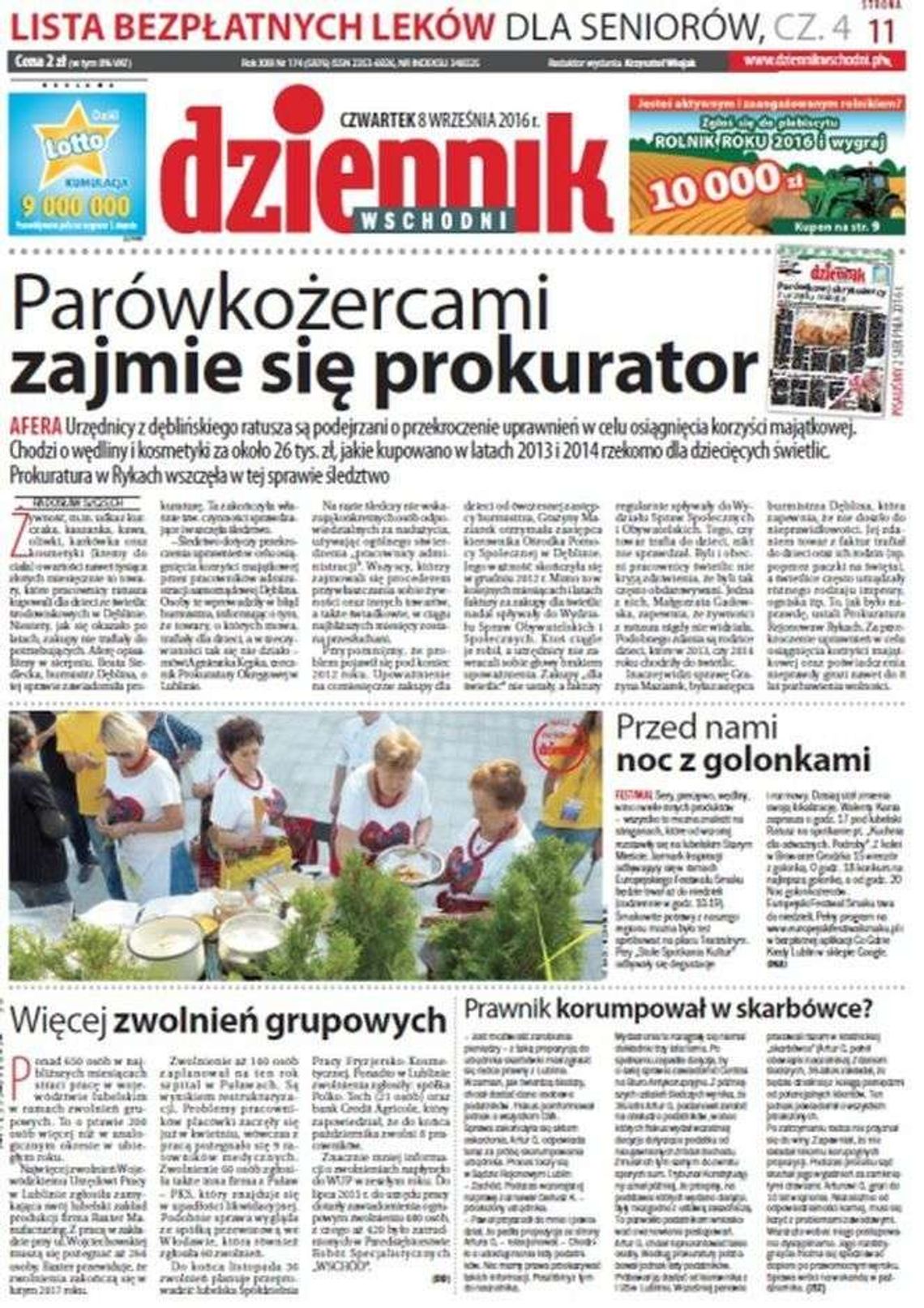 Pierwsza strona Dziennika Wschodniego z 8 września 2016 roku