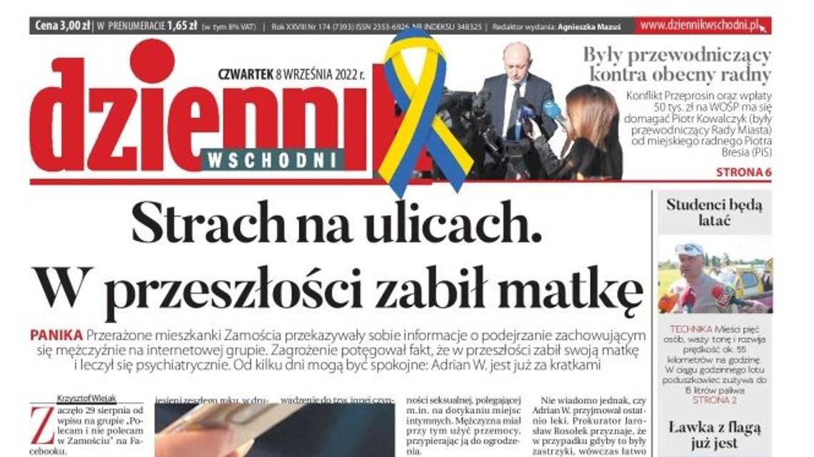 Pierwsza strona Dziennika Wschodniego z 8 września 2022 r.
