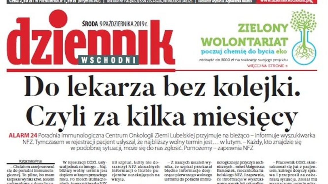 Pierwsza strona Dziennika Wschodniego z 9.10.2019