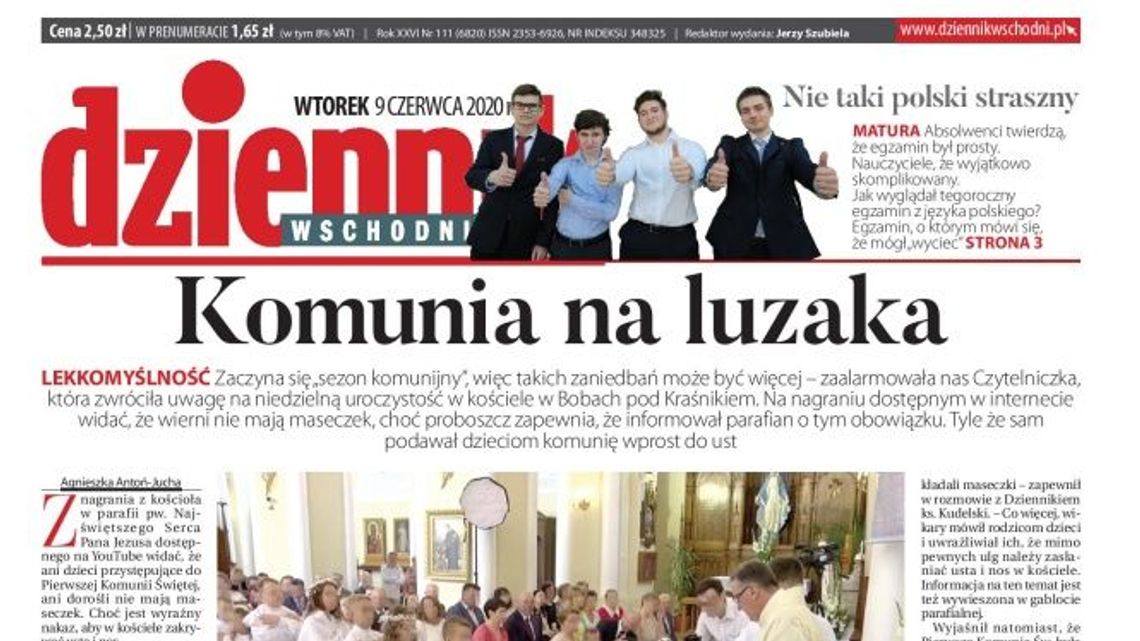 Pierwsza strona Dziennika Wschodniego z 9 czerwca 2020 r.