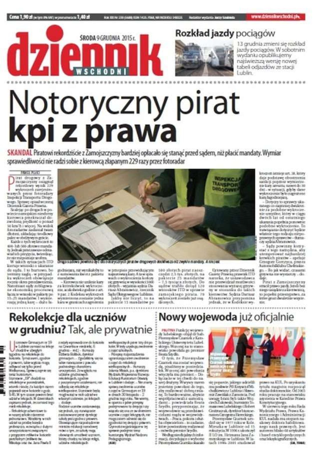 Pierwsza strona Dziennika Wschodniego z 9 grudnia 2015