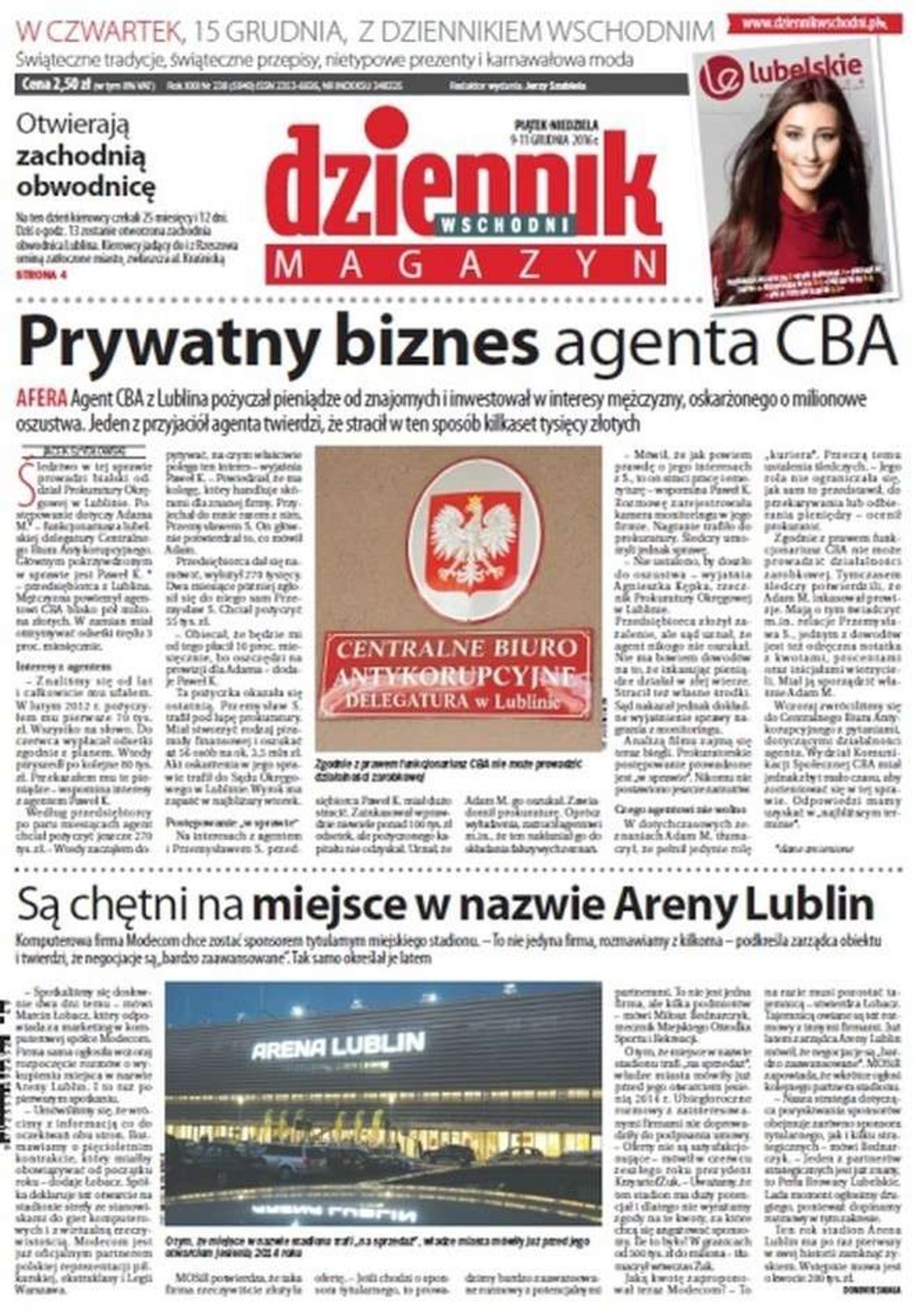 Pierwsza strona Dziennika Wschodniego z 9 grudnia 2016 roku