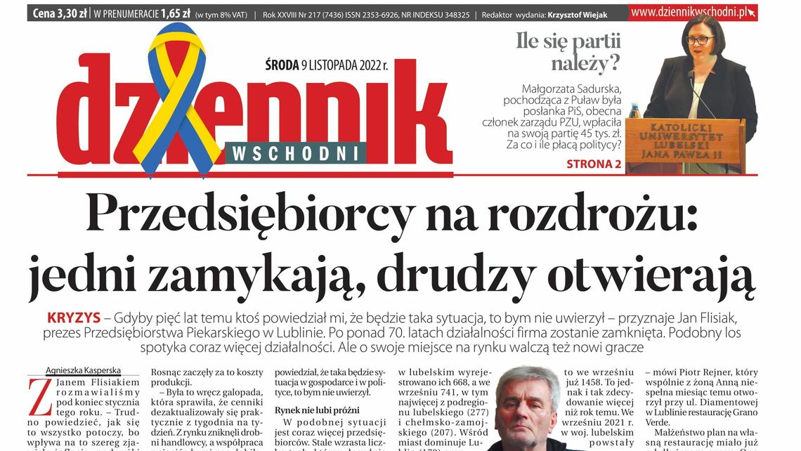  Pierwsza strona Dziennika Wschodniego z 9 listopada 2022 r. 