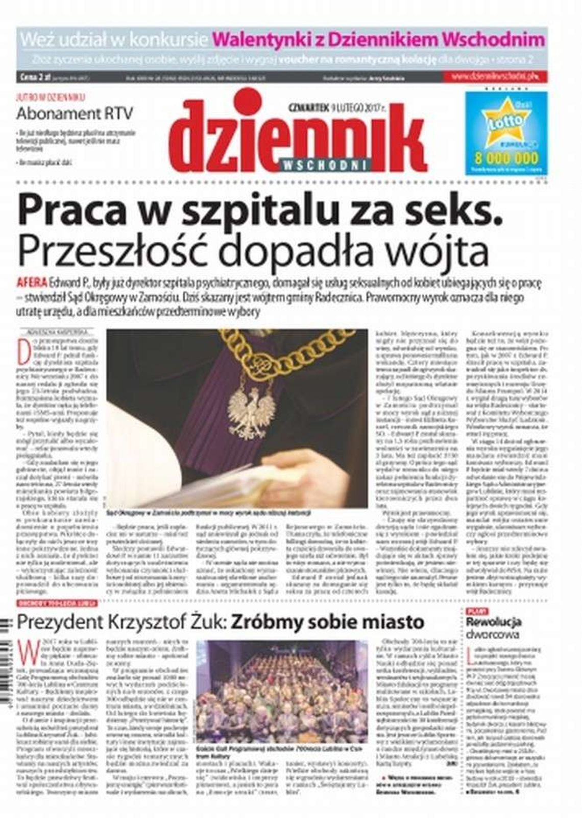 Pierwsza strona Dziennika Wschodniego z 9 lutego 2017 r.