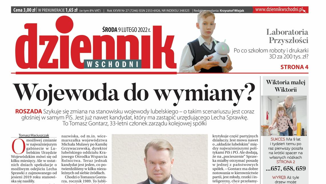 Pierwsza strona Dziennika Wschodniego z 9 lutego 2022 roku