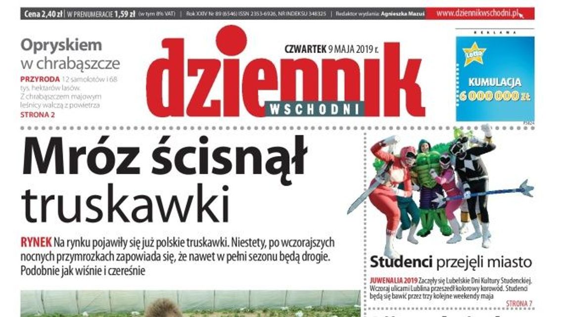 Pierwsza strona Dziennika Wschodniego z 9 maja 2019 r.