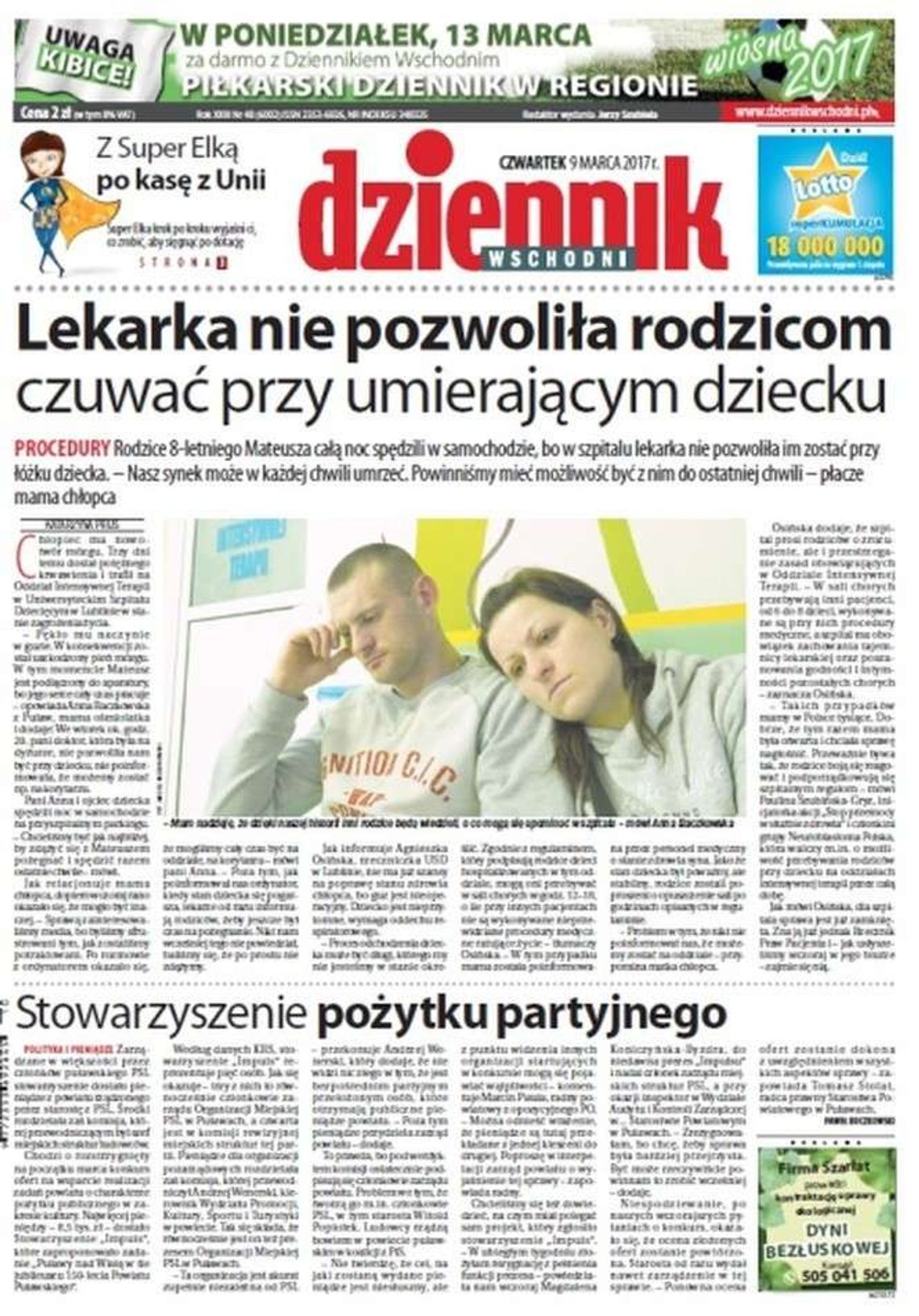 Pierwsza strona Dziennika Wschodniego z 9 marca 2017 roku