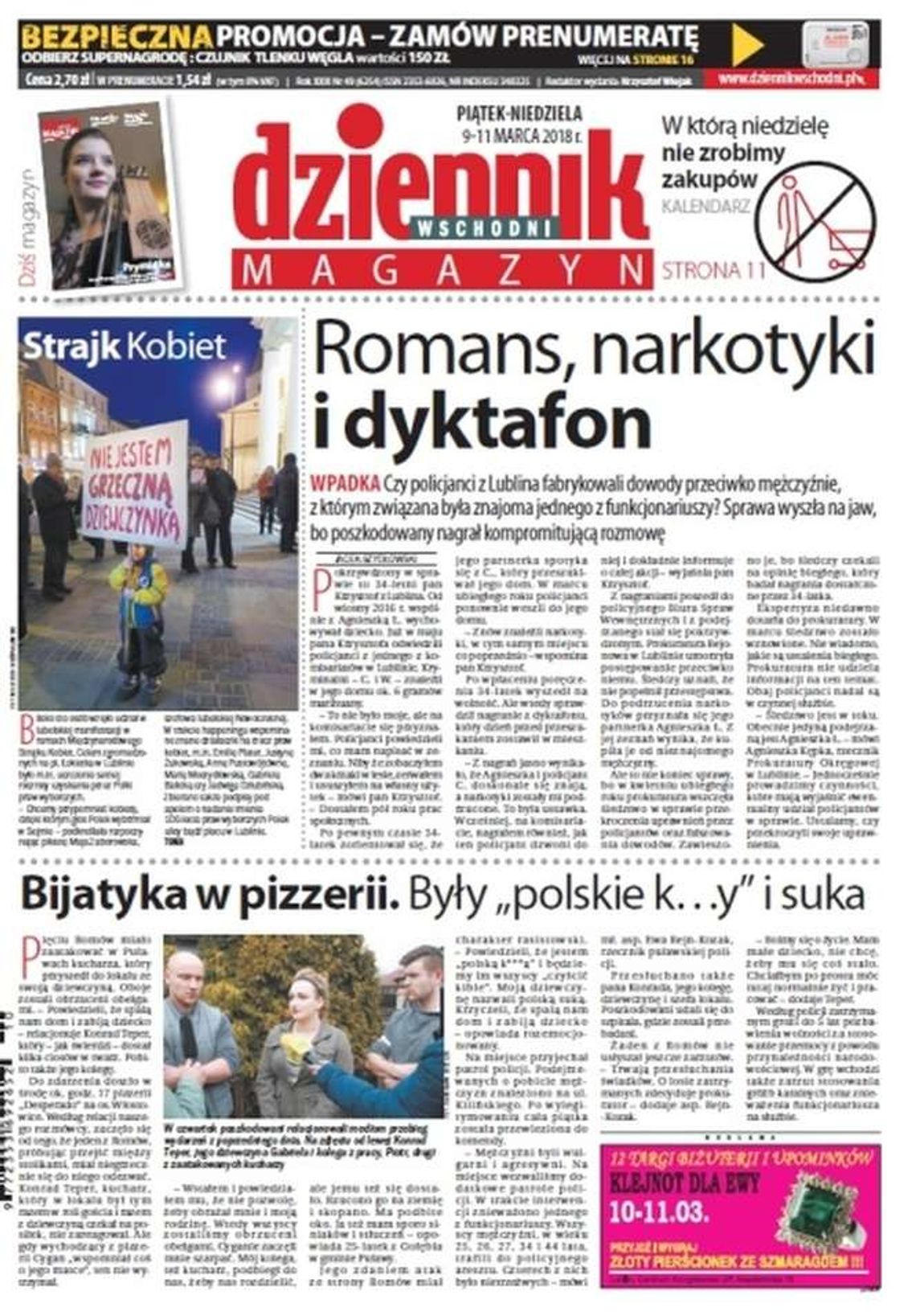 Pierwsza strona Dziennika Wschodniego z 9 marca 2018 roku