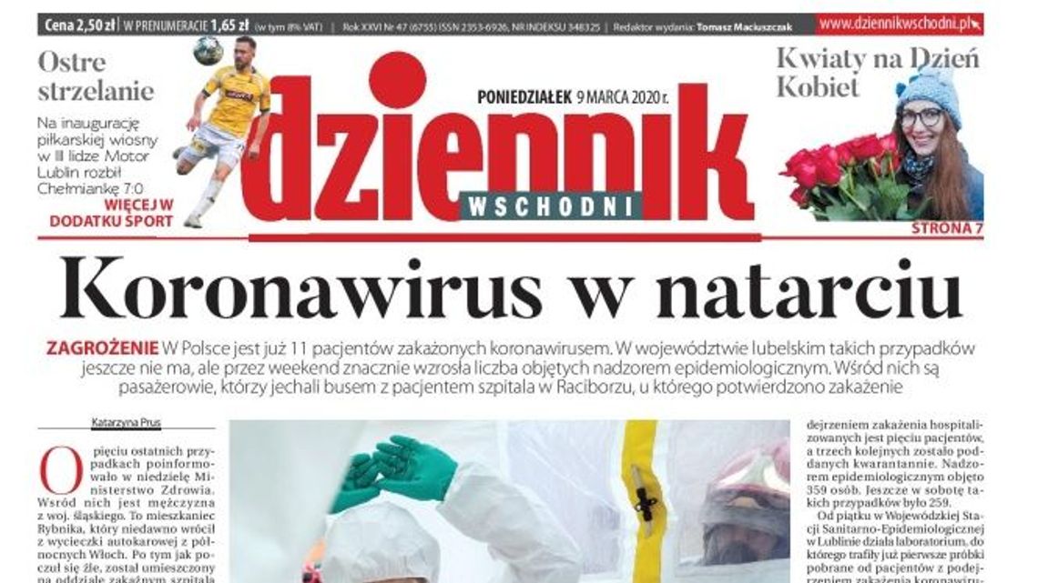 Pierwsza strona Dziennika Wschodniego z 9 marca 2020 r.