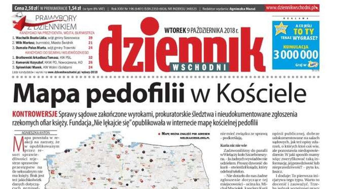 Pierwsza strona Dziennika Wschodniego z 9 października 2018 r.