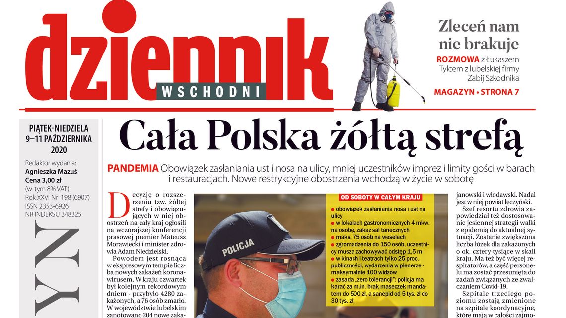 Pierwsza strona Dziennika Wschodniego z 9 października 2020 r. 