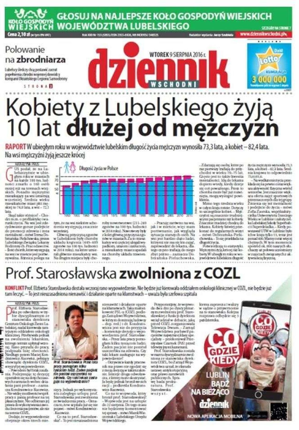 Pierwsza strona Dziennika Wschodniego z 9 sierpnia 2016 roku