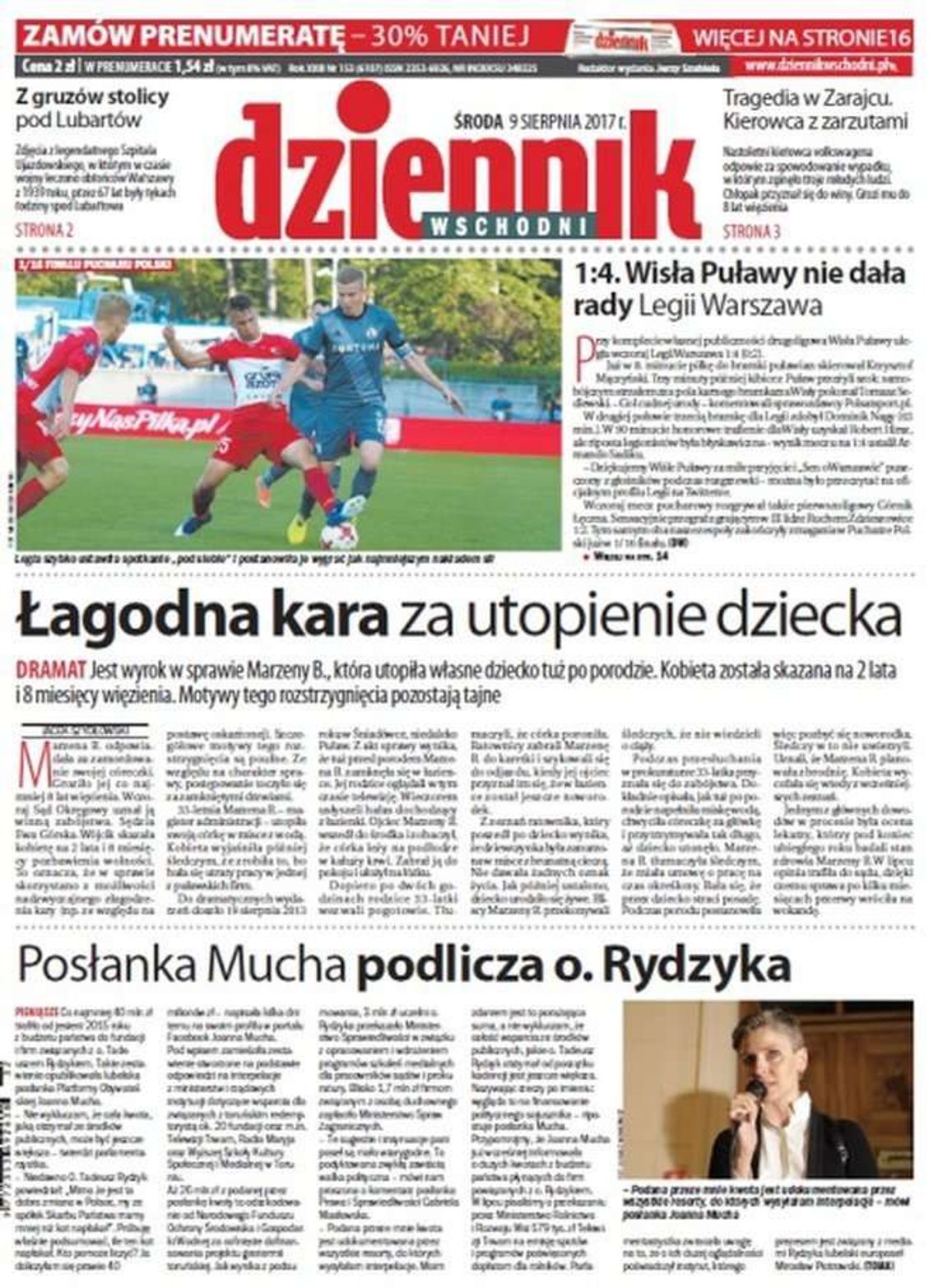 Pierwsza strona Dziennika Wschodniego z 9 sierpnia 2017 roku