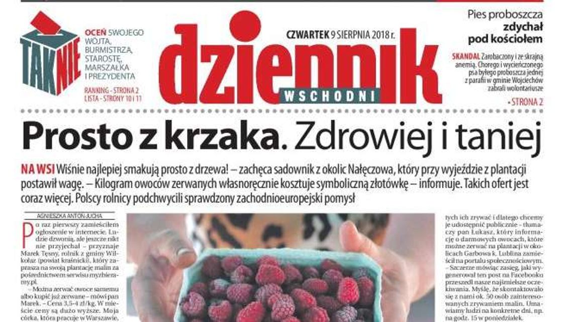 Pierwsza strona Dziennika Wschodniego z 9 sierpnia 2018 r.