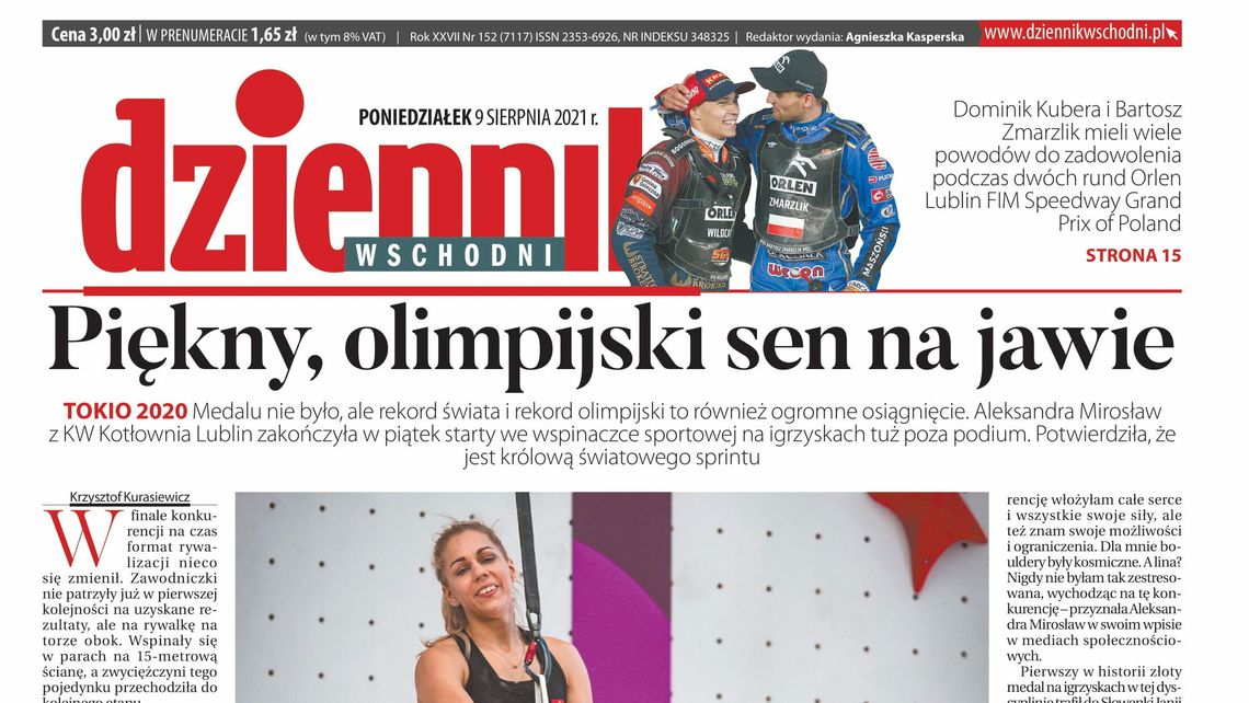 Pierwsza strona Dziennika Wschodniego z 9 sierpnia 2021 roku