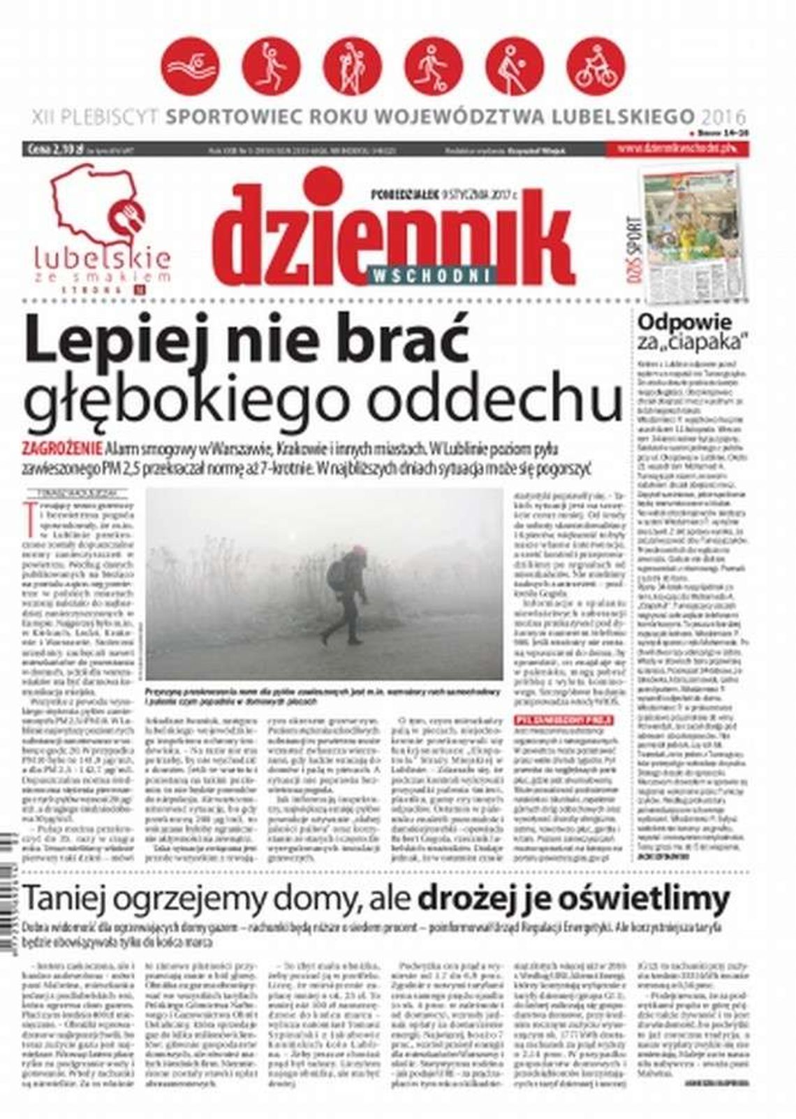 Pierwsza strona Dziennika Wschodniego z 9 stycznia 2017 r.