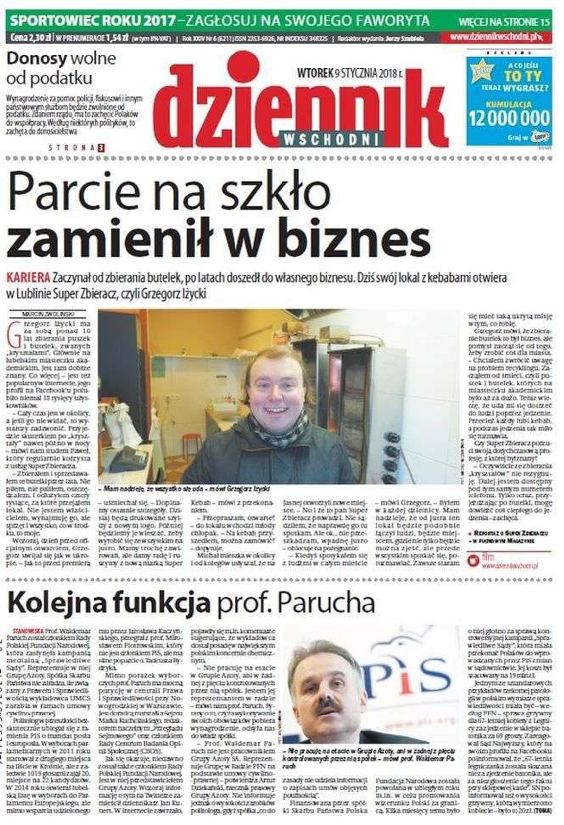 Pierwsza strona Dziennika Wschodniego z 9 stycznia 2018 roku