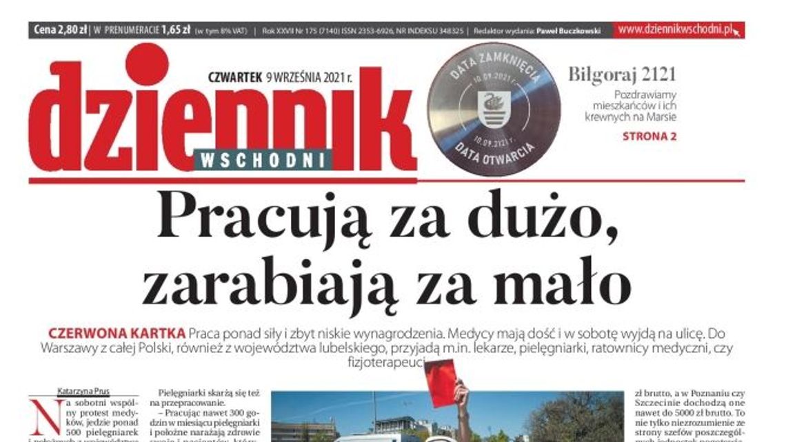 Pierwsza strona Dziennika Wschodniego z 9 września 2021 r. 