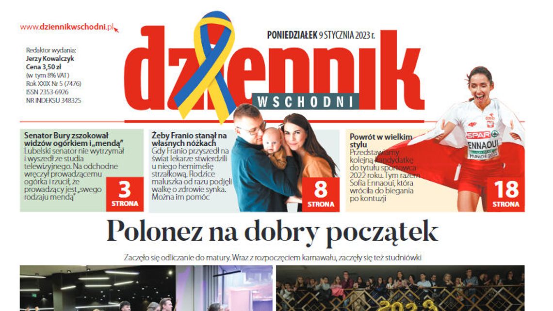 Pierwsza strona Dziennika Wschodniego z dnia 9 stycznia 2023 r.