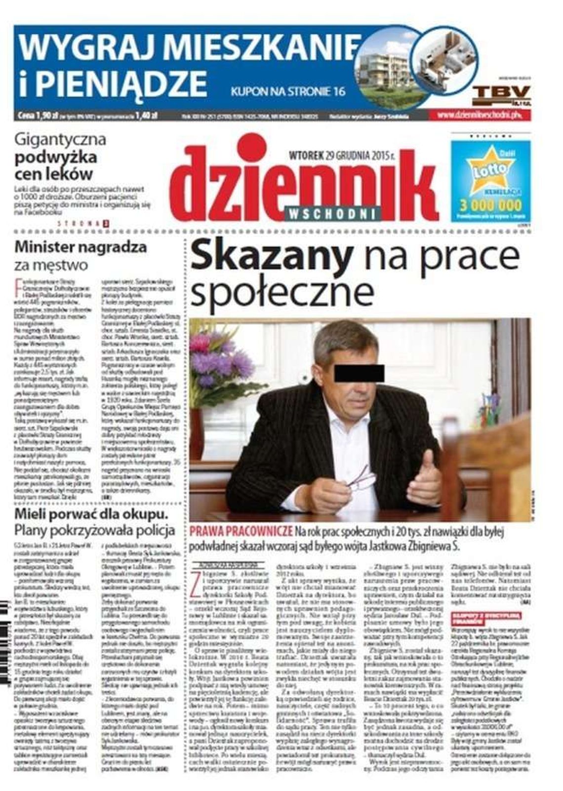 Pierwsza strona Dziennika z 29 grudnia 2015 roku