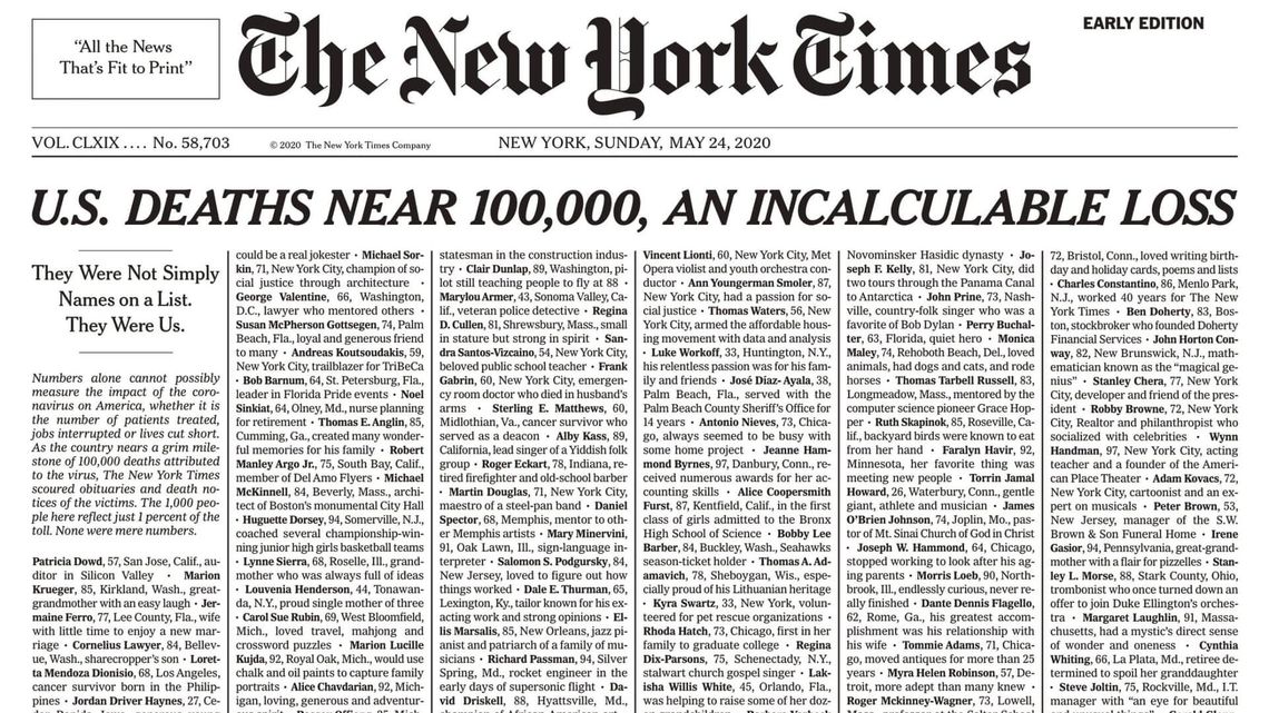 Pierwsza strona "The New York Times" cała w nazwiskach osób zmarłych na COVID-19 Pierwsza strona "The New York Times" cała w nazwiskach osób zmarłych na COVID-19