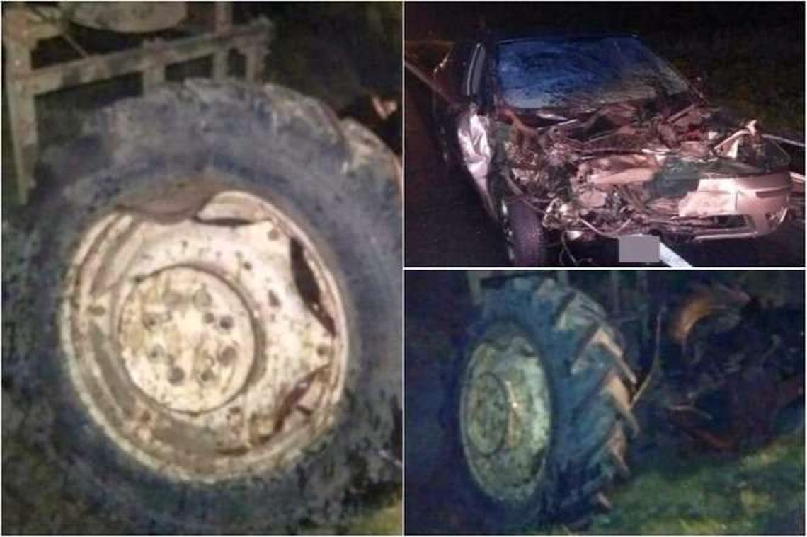 Po zderzeniu z samochodem traktor rozpadł się na części Po zderzeniu z samochodem traktor rozpadł się na części