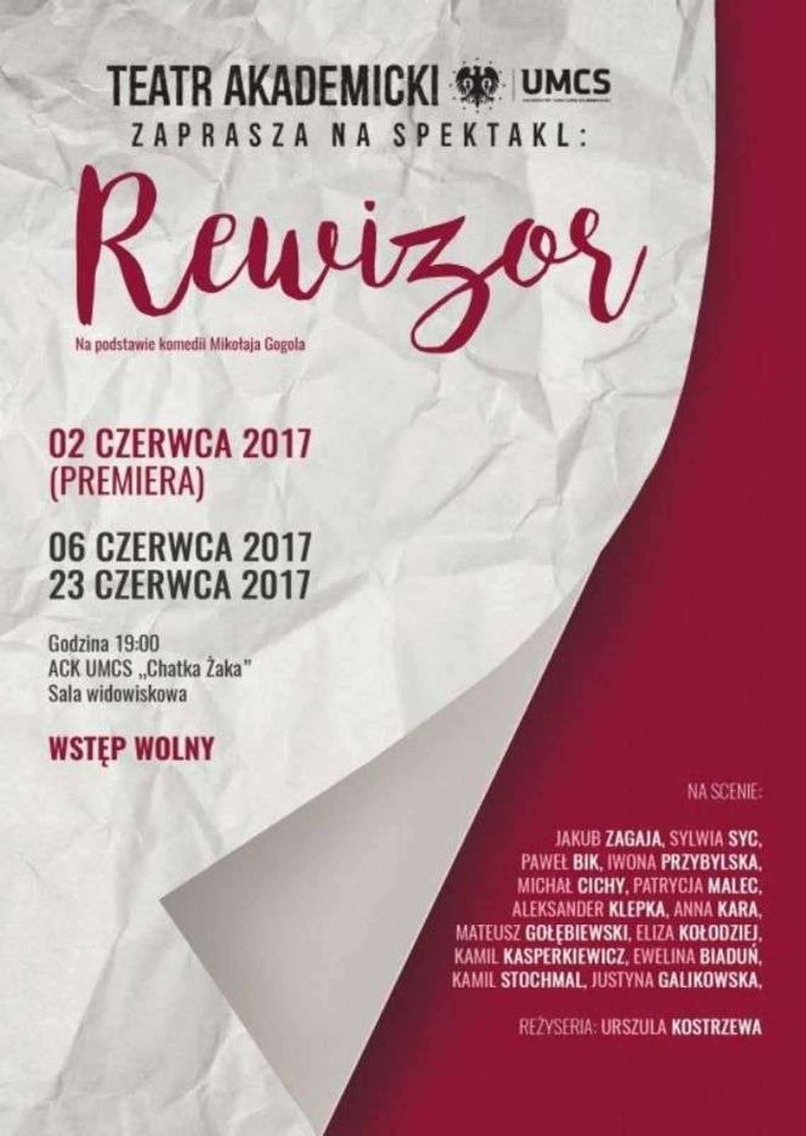 Premiera spektaklu "Rewizor" w Chatce Żaka Premiera spektaklu "Rewizor" w Chatce Żaka