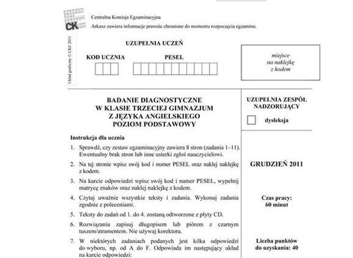 Próbny egzamin gimnazjalny: Angielski (odpowiedzi, test, arkusze)