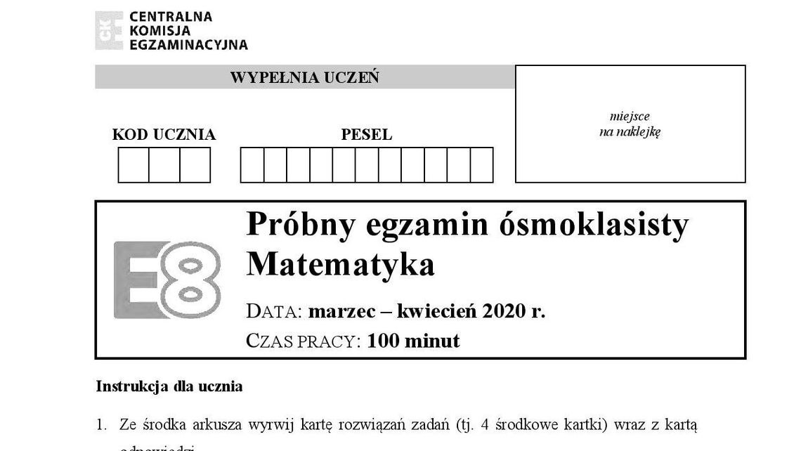 Próbny egzamin ósmoklasisty 2020 - matematyka. Arkusze, odpowiedzi i rozwiązania