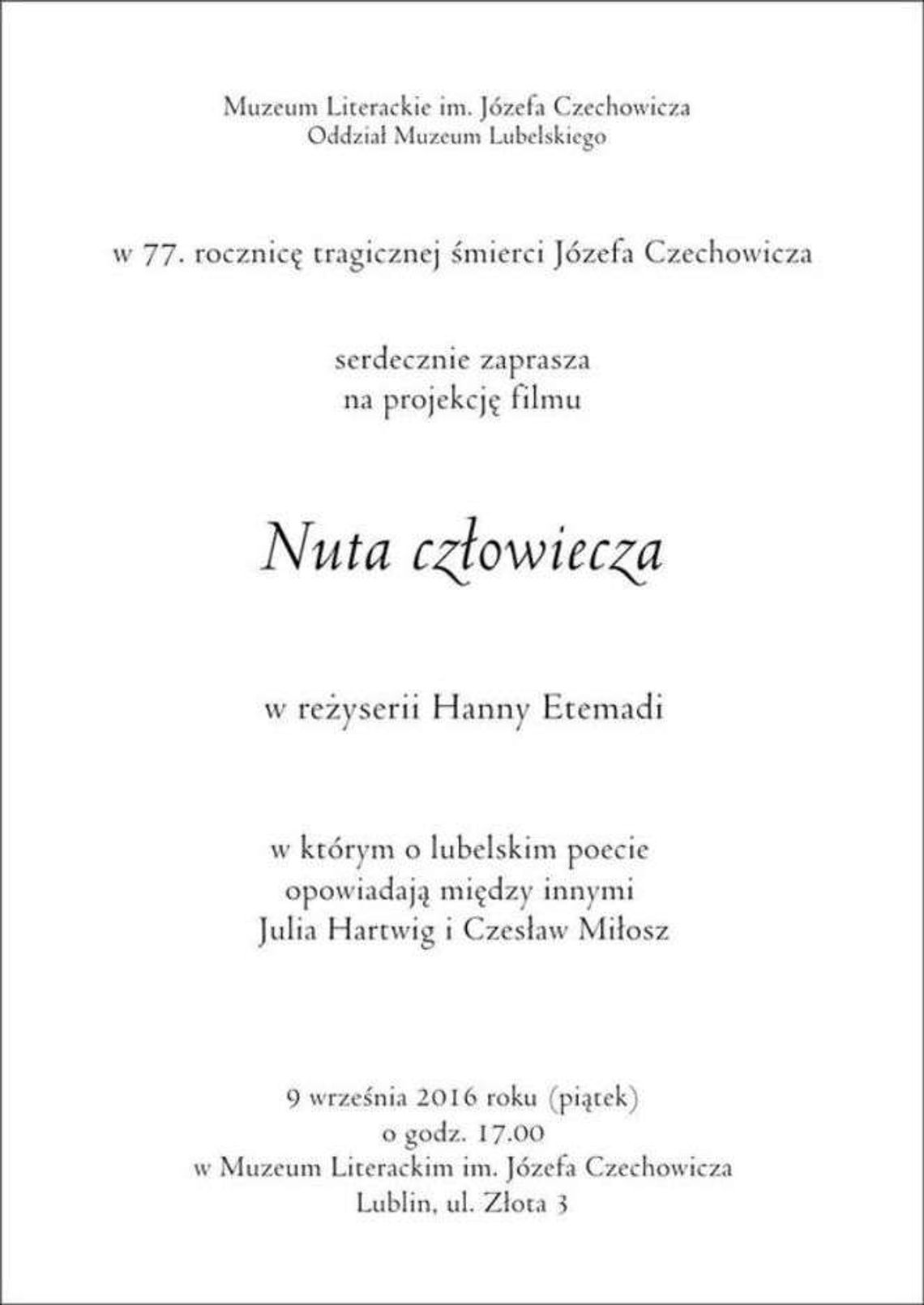 Projekcja filmu w rocznicę śmierci Czechowicza