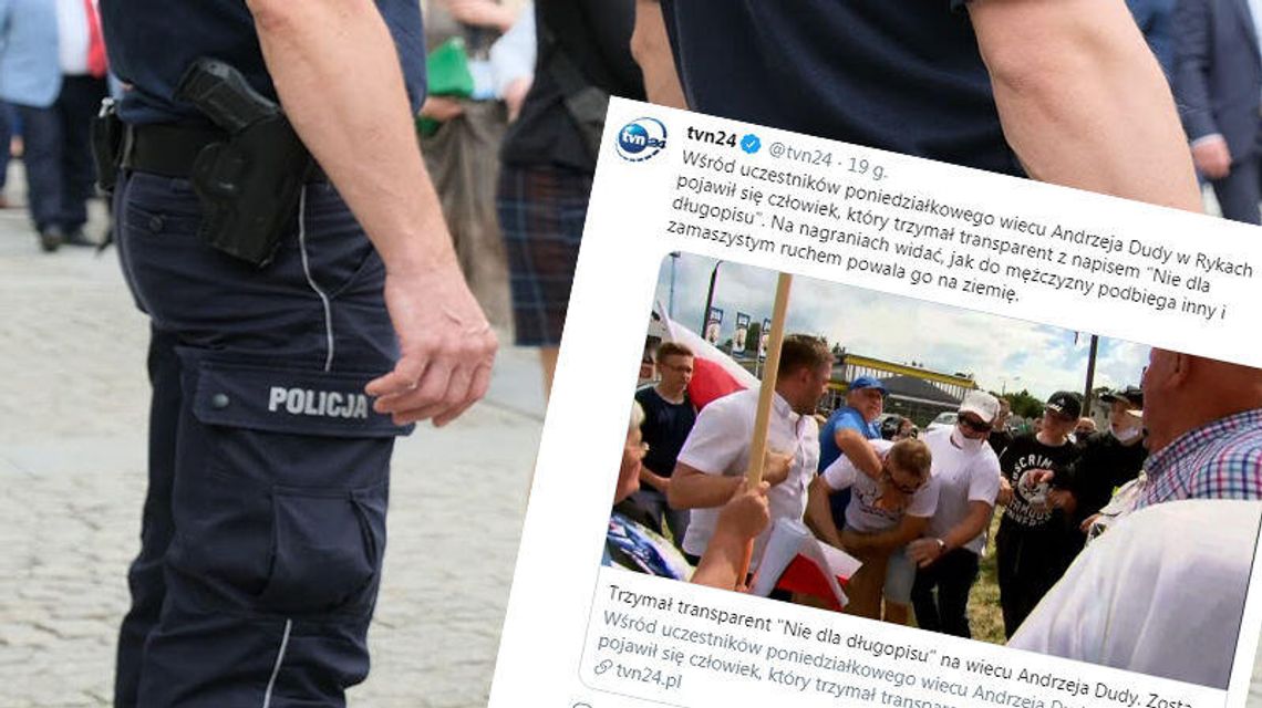 Przepychanki na wiecu Andrzeja Dudy w Rykach. Dostało się mężczyźnie z transparentem "Nie dla długopisu" Przepychanki na wiecu Andrzeja Dudy w Rykach. Dostało się mężczyźnie z transparentem "Nie dla długopisu"