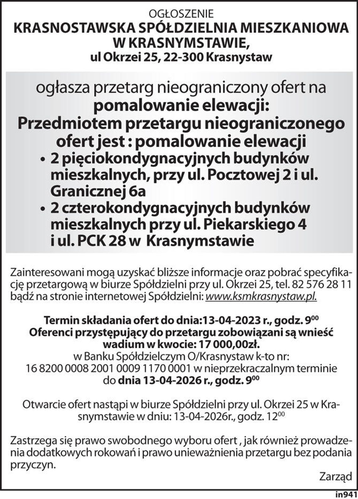 +przetarg Krasnostawska Spółdzielnia Mieszkaniowa