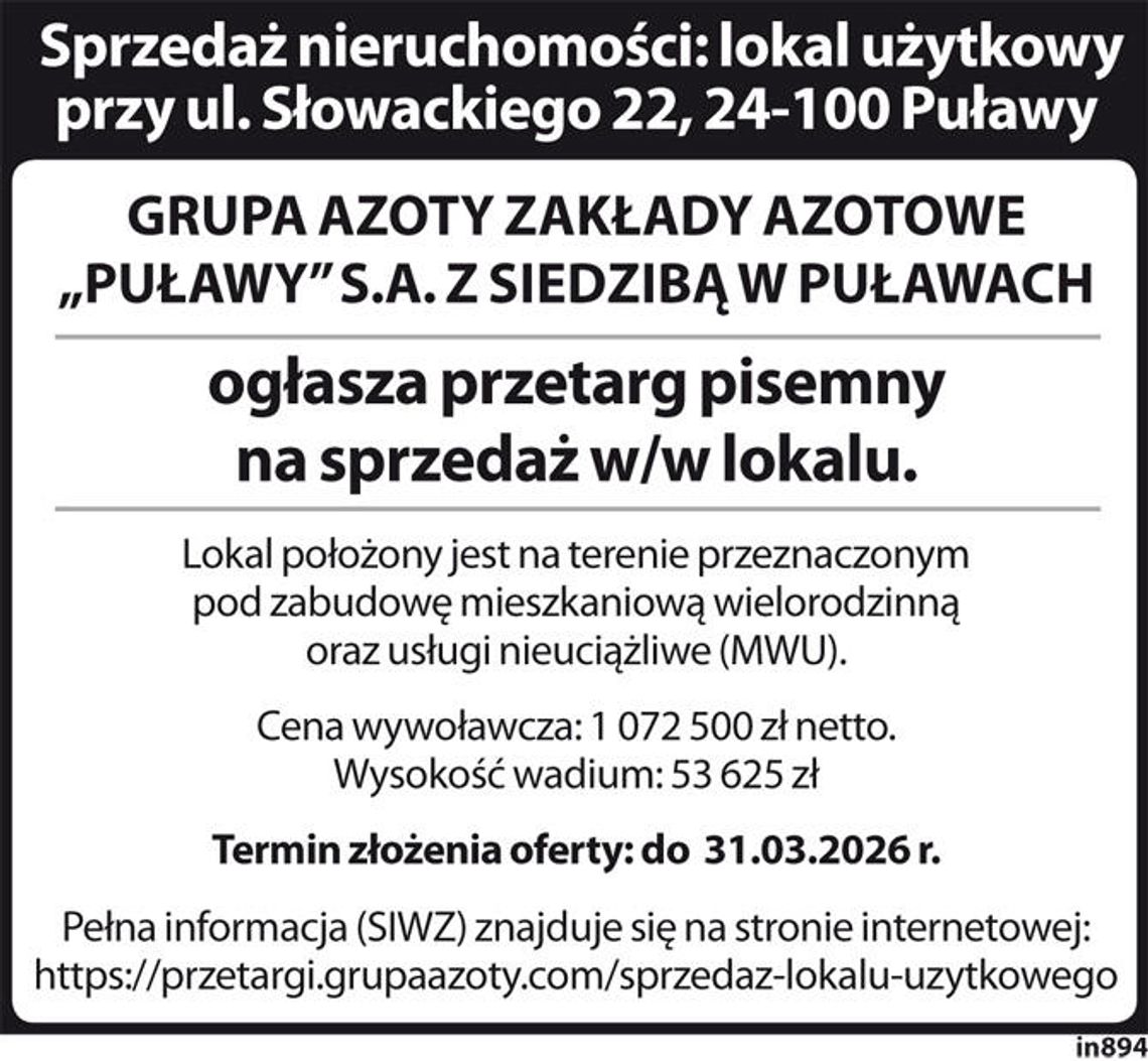 Przetarg pisemny na sprzedaż lokalu