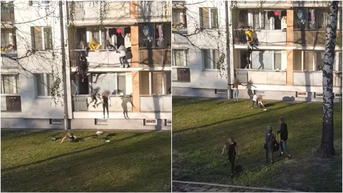 Puławy: Z balkonu nagle zaczęli wyskakiwać młodzi ludzie. Nagranie pojawiło się w internecie