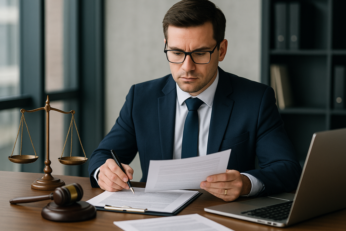 Rola prawnika w obsłudze prawnej firm – dlaczego wsparcie eksperta staje się kluczowe dla biznesu prawnik przy biurku z wagą sprawiedliwości