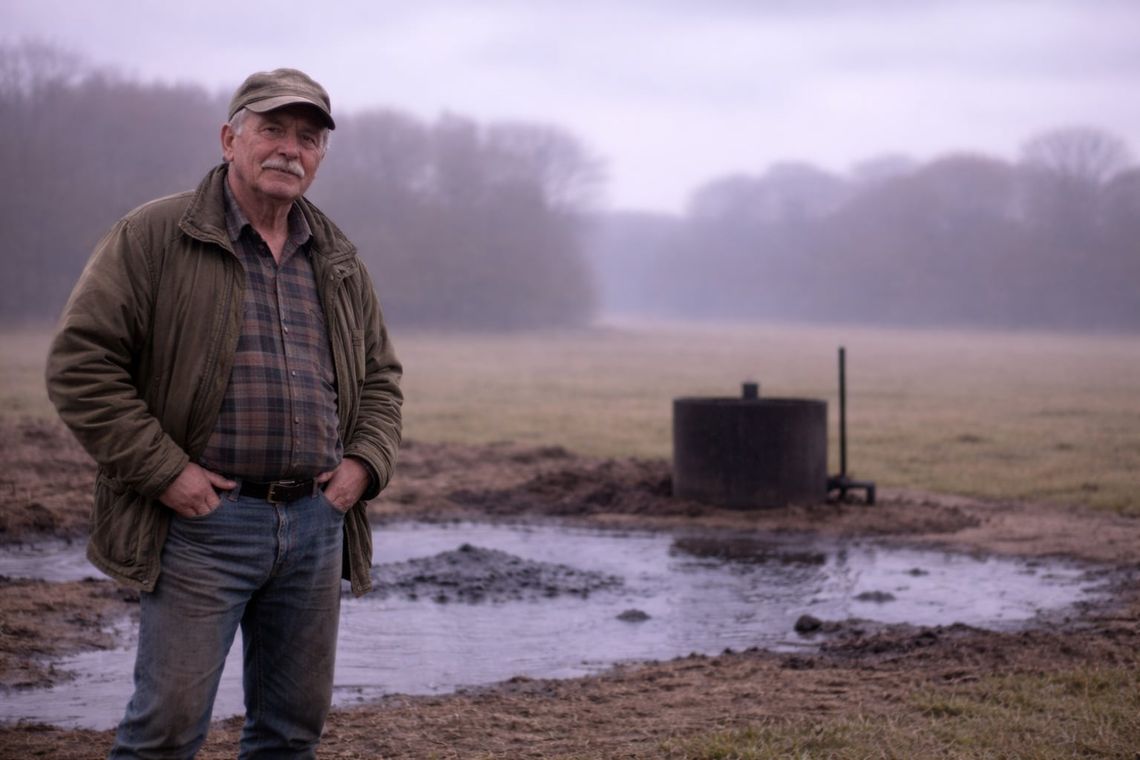 Pan Wiesław, rolnik z Samoklęsk na tle złoża ropy naftowej odkrytego na swoim polu