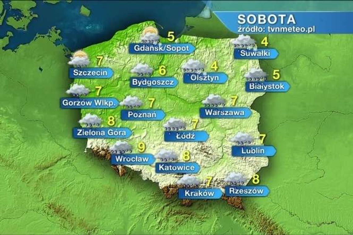 Sobota pochmurna, może też popadać. 7 stopni w Lublinie