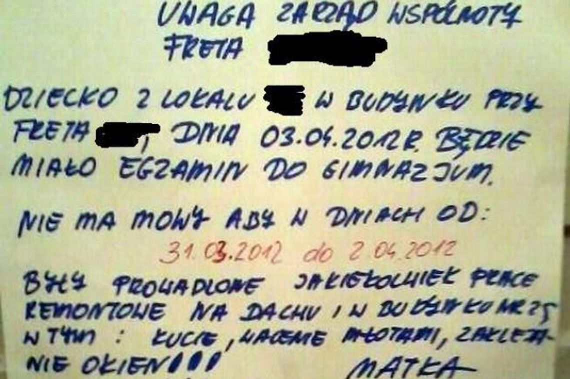 Spółdzielnia nie może remontować, bo... dziecko się uczy