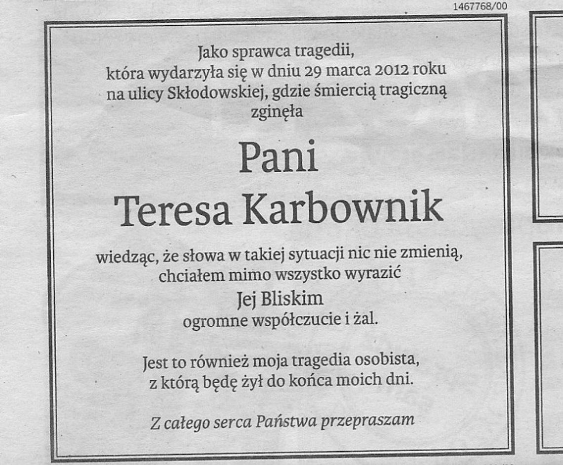 Sprawca wypadku przeprasza w gazecie rodzinę zmarłej dziennikarki Sprawca wypadku przeprasza w gazecie rodzinę zmarłej dziennikarki