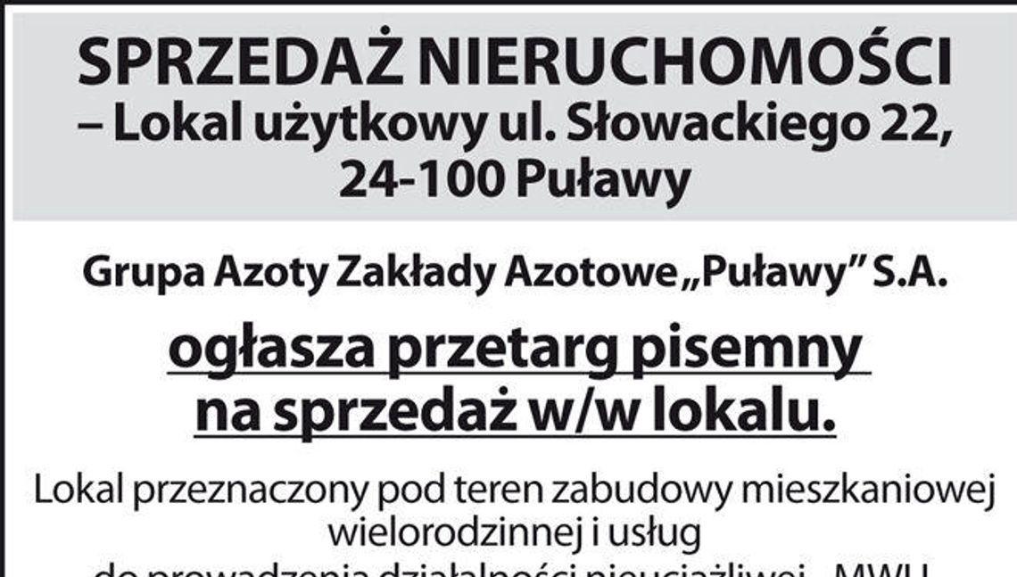 Sprzedaż nieruchomości Grupa Azoty Zakłady Azotowe w Puławach