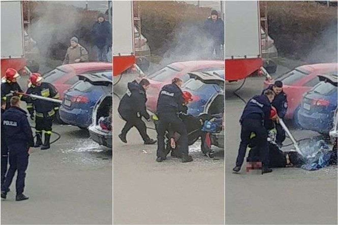 Strażacy gaszą samochód, znajdują w środku człowieka. Dramatyczne wideo świadka zdarzenia
