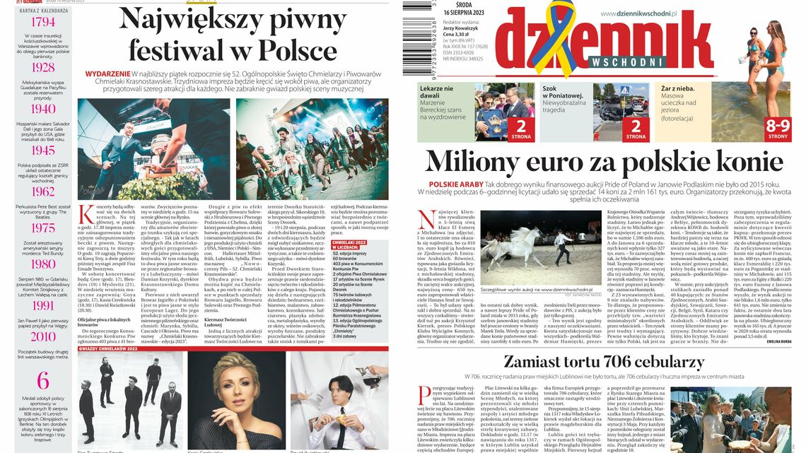 Strona 1. "Dziennika Wschodniego" z dnia 16 sierpnia 2023 r.