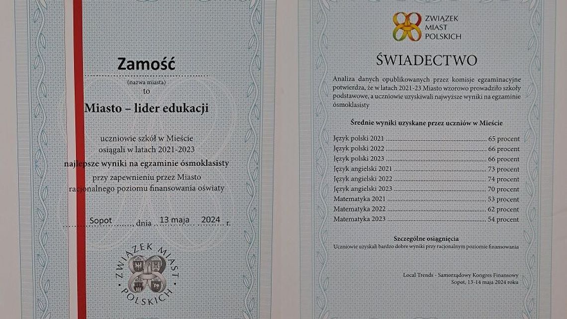Świadectwo z czerwonym paskiem dla Zamościa. Bo jest liderem edukacji