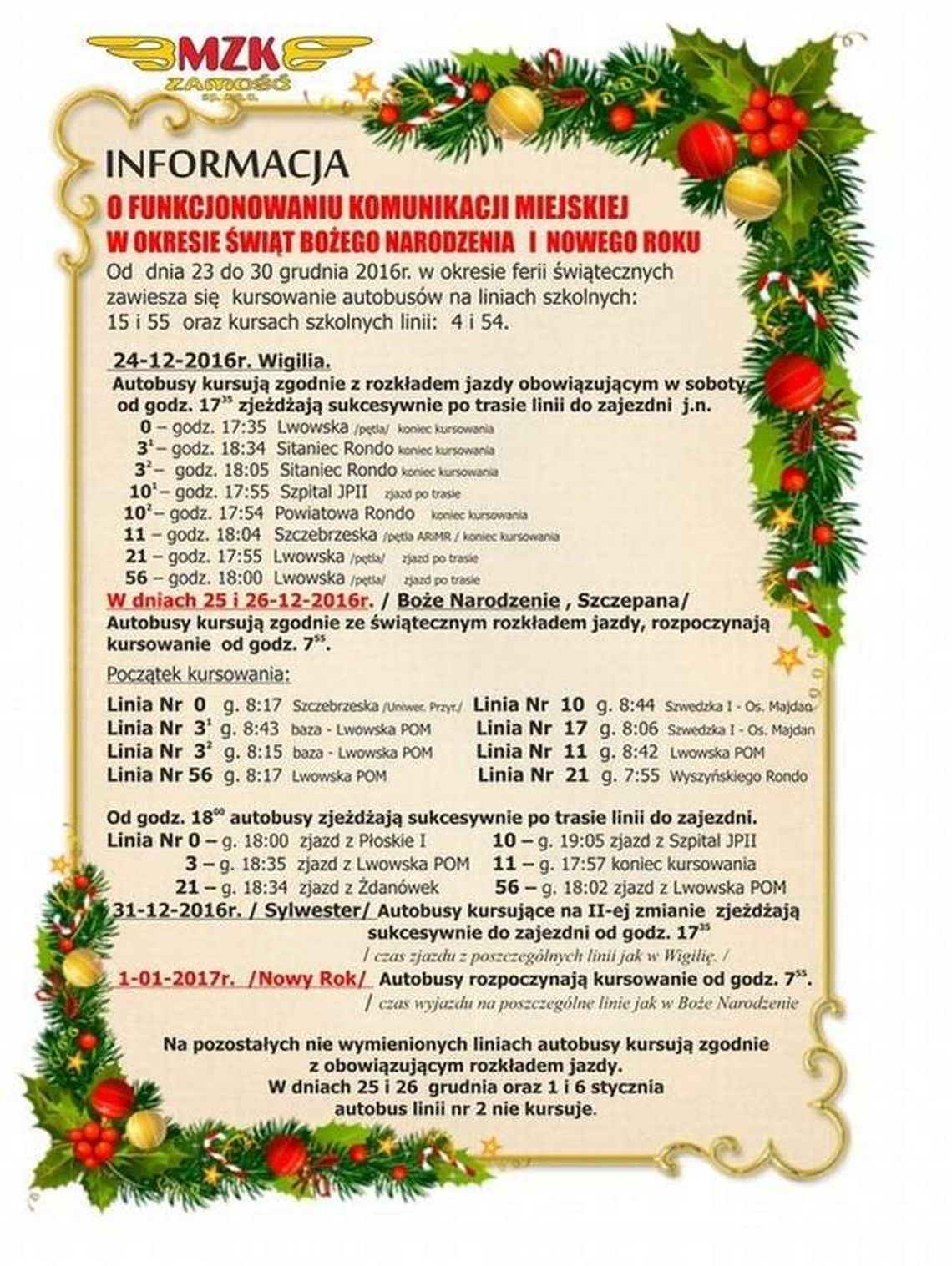Świąteczny rozkład jazdy komunikacji miejskiej w Zamościu