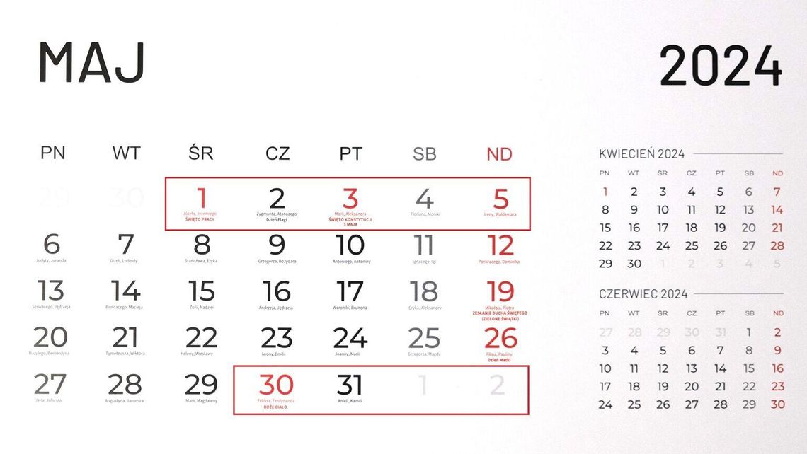 Święta i dni wolne od pracy w 2024 roku. Czeka nas długa majówka