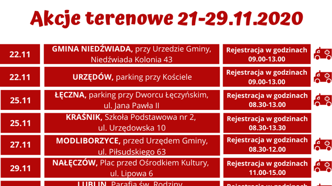 Terenowe akcje poboru krwi w województwie lubelskim