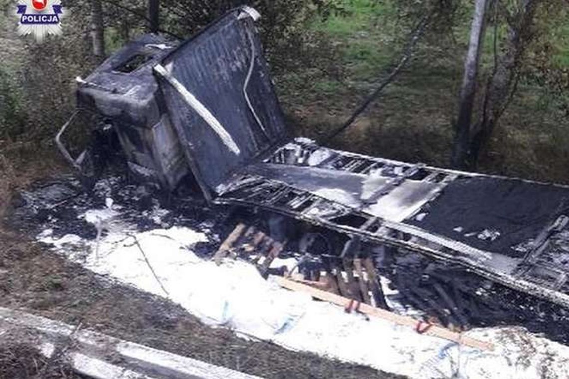 Tir spadł z 20 metrów, doszczętnie spłonął Tir spadł z 20 metrów, doszczętnie spłonął