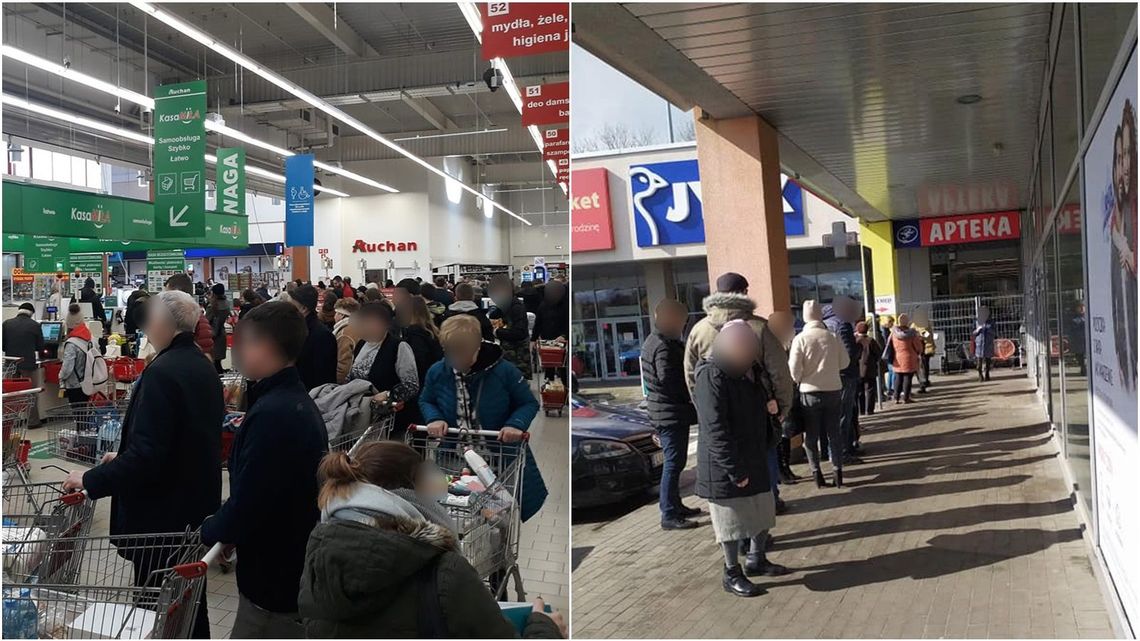 Tłumy w sklepach i aptekach w Lublinie. Ludzie wykupują najpotrzebniejsze towary Tłumy w sklepach i aptekach w Lublinie. Ludzie wykupują najpotrzebniejsze towary